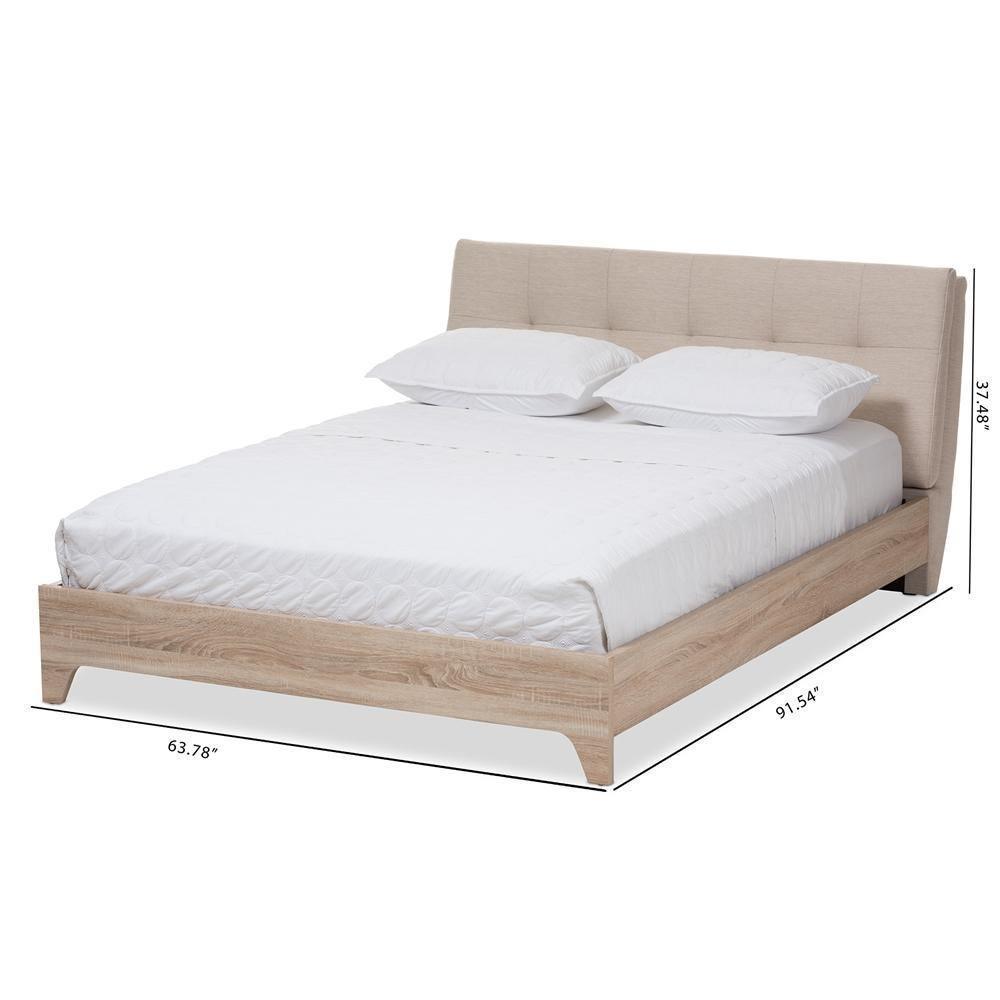 Adelia Mid-Century Light Beige Whitewash Queen Size Platform Bed FredCo