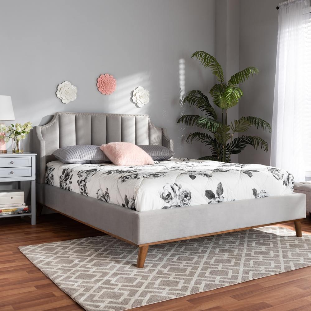 Adelie Modern Glam Light Grey Velvet Fabric Upholstered Walnut Brown Finished Wood Queen Size Wingback Platform Bed FredCo