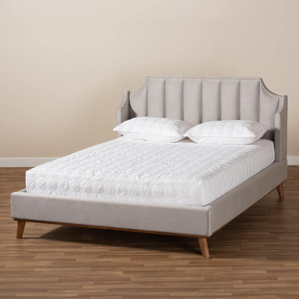 Adelie Modern Glam Light Grey Velvet Fabric Upholstered Walnut Brown Finished Wood Queen Size Wingback Platform Bed FredCo