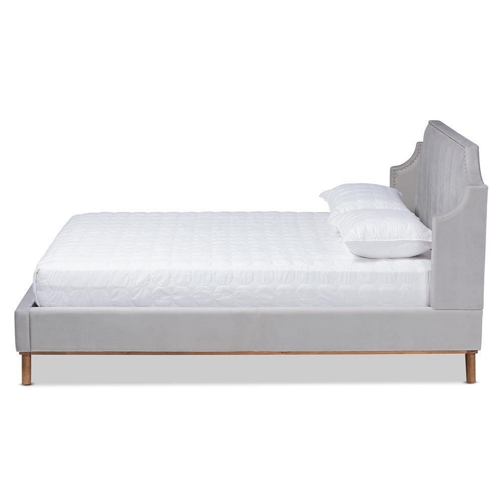 Adelie Modern Glam Light Grey Velvet Fabric Upholstered Walnut Brown Finished Wood Queen Size Wingback Platform Bed FredCo