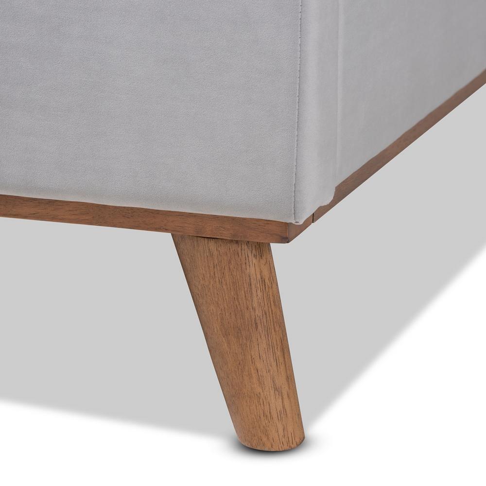 Adelie Modern Glam Light Grey Velvet Fabric Upholstered Walnut Brown Finished Wood Queen Size Wingback Platform Bed FredCo