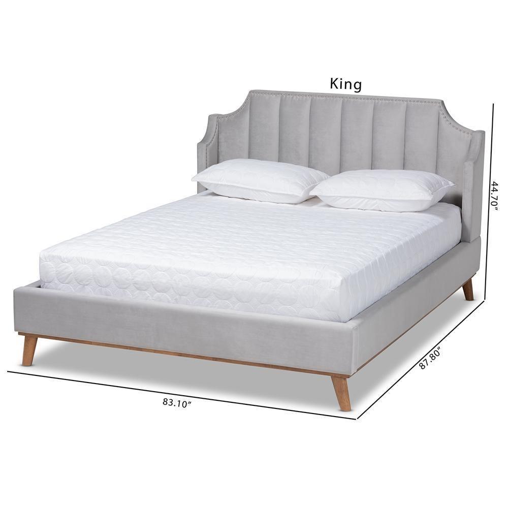 Adelie Modern Glam Light Grey Velvet Fabric Upholstered Walnut Brown Finished Wood Queen Size Wingback Platform Bed FredCo