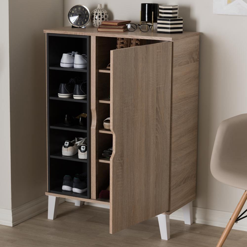 Adelina Mid-Century Modern 1-door Oak and Grey Wood Shoe Cabinet FredCo