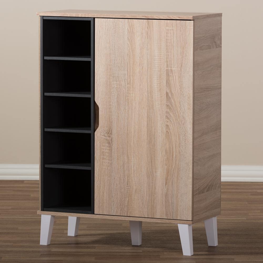 Adelina Mid-Century Modern 1-door Oak and Grey Wood Shoe Cabinet FredCo