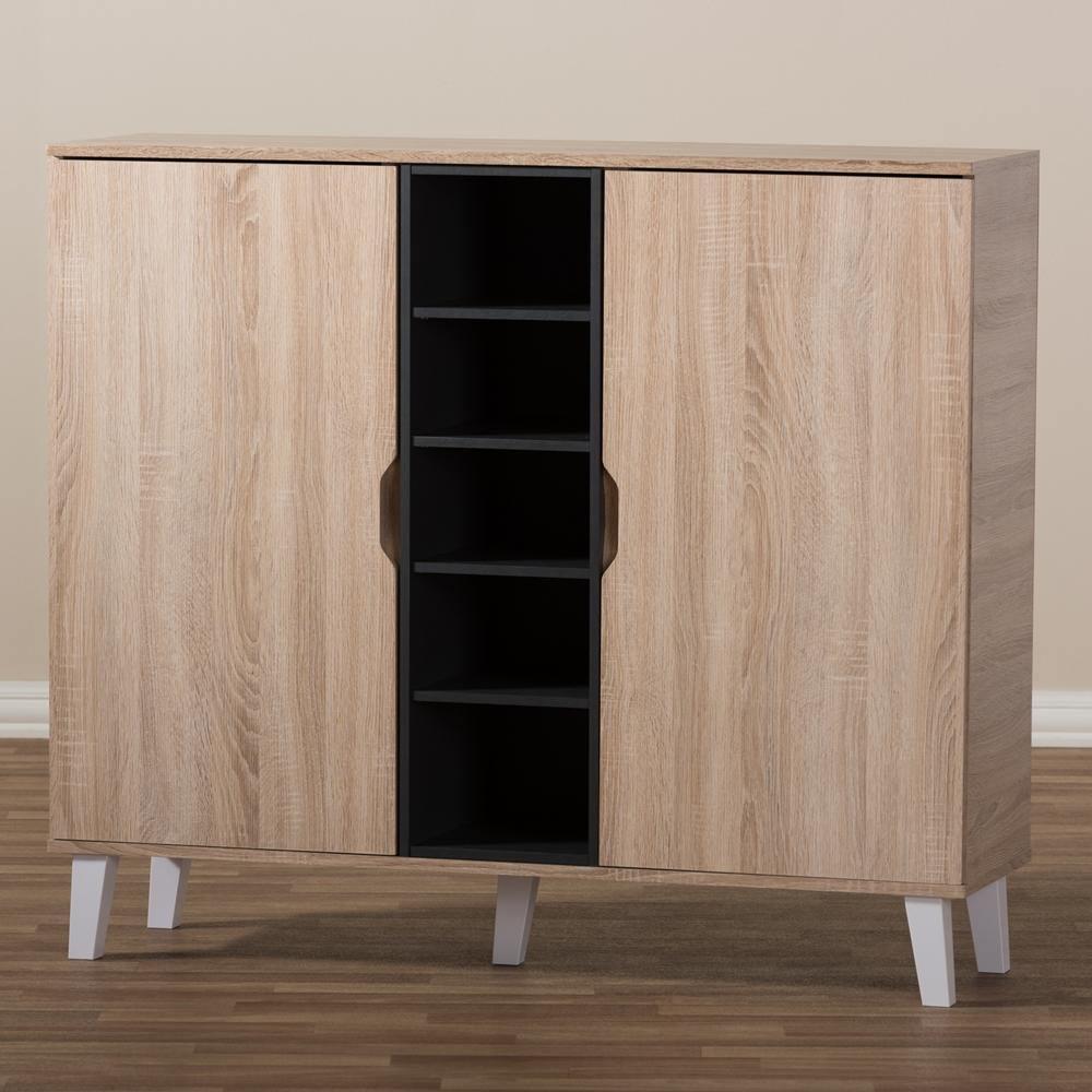Adelina Mid-Century Modern 2-door Oak and Grey Wood Shoe Cabinet FredCo
