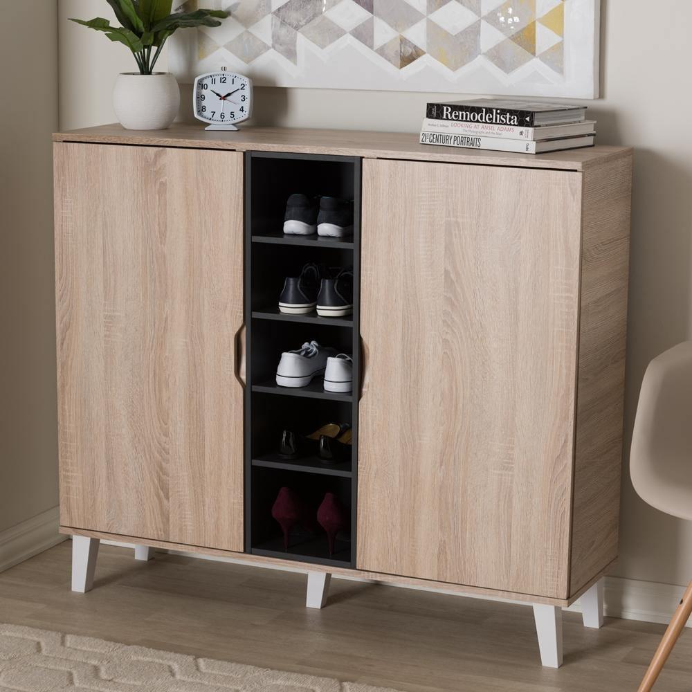 Adelina Mid-Century Modern 2-door Oak and Grey Wood Shoe Cabinet FredCo