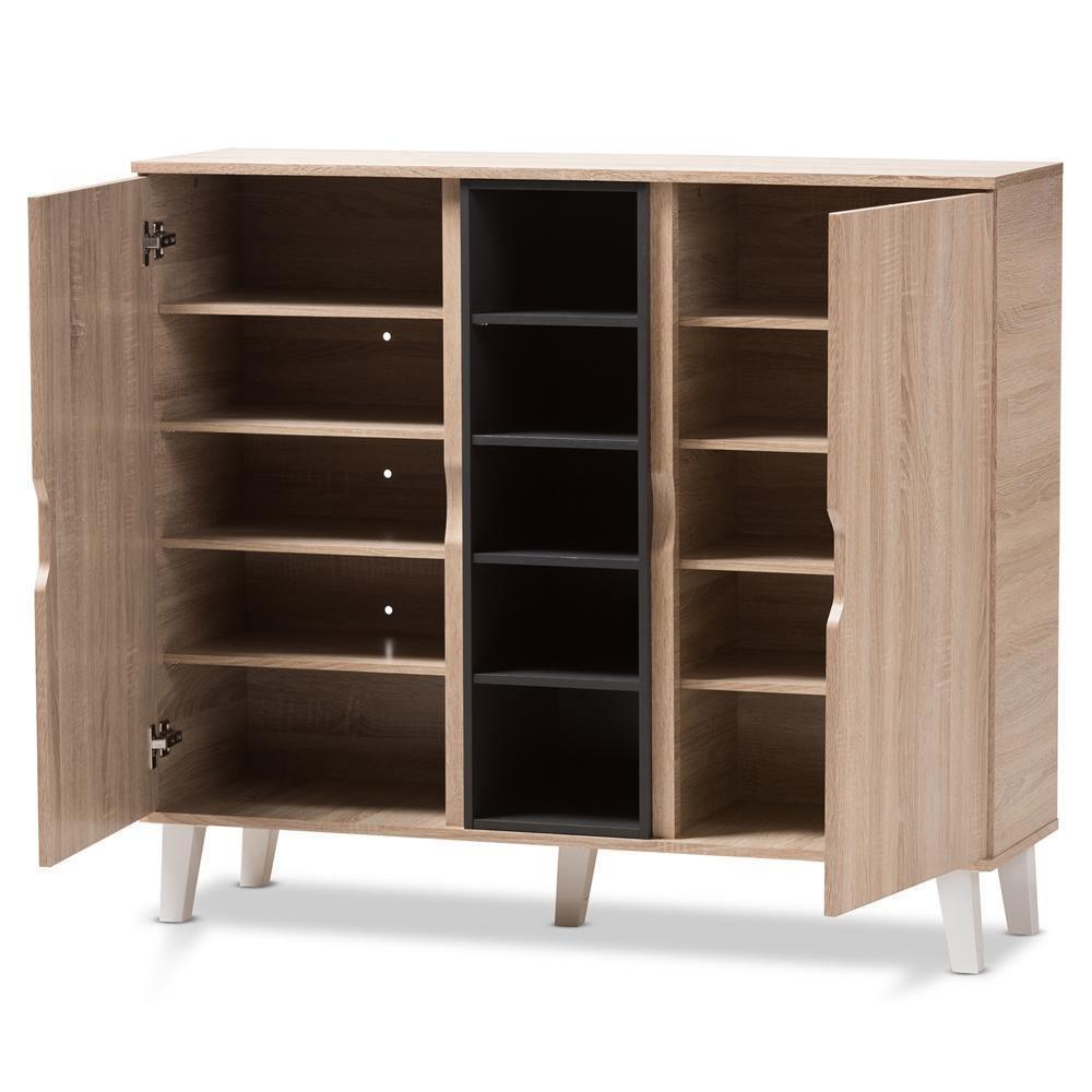 Adelina Mid-Century Modern 2-door Oak and Grey Wood Shoe Cabinet FredCo