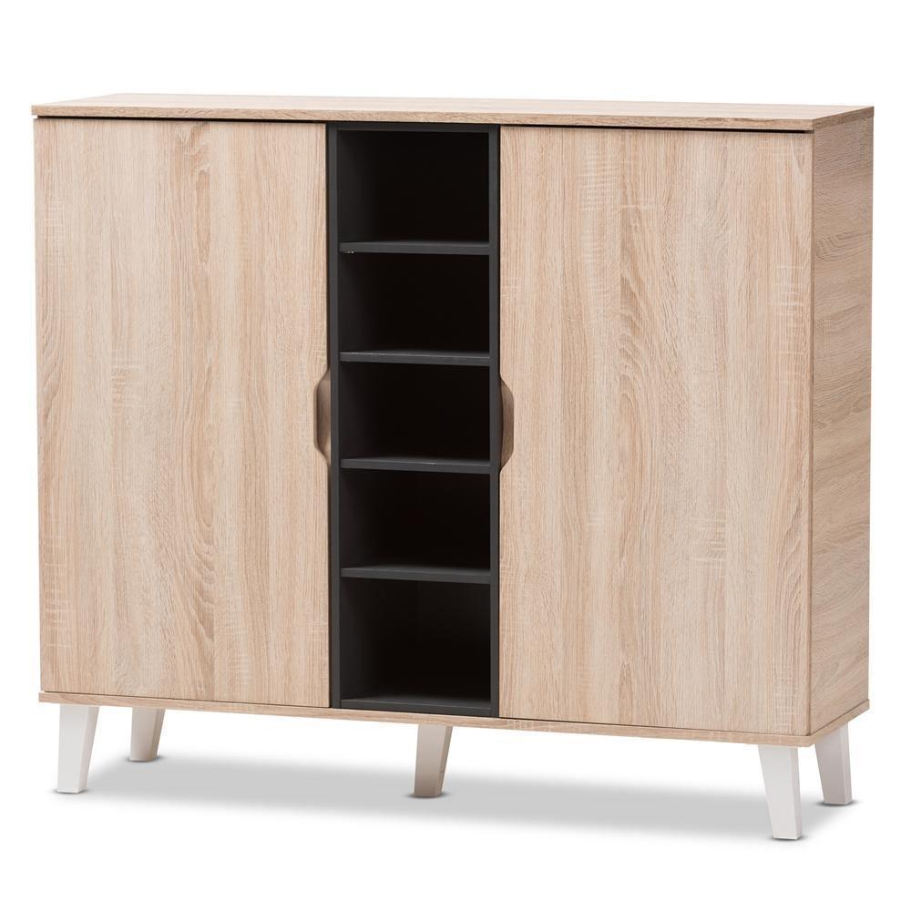 Adelina Mid-Century Modern 2-door Oak and Grey Wood Shoe Cabinet FredCo