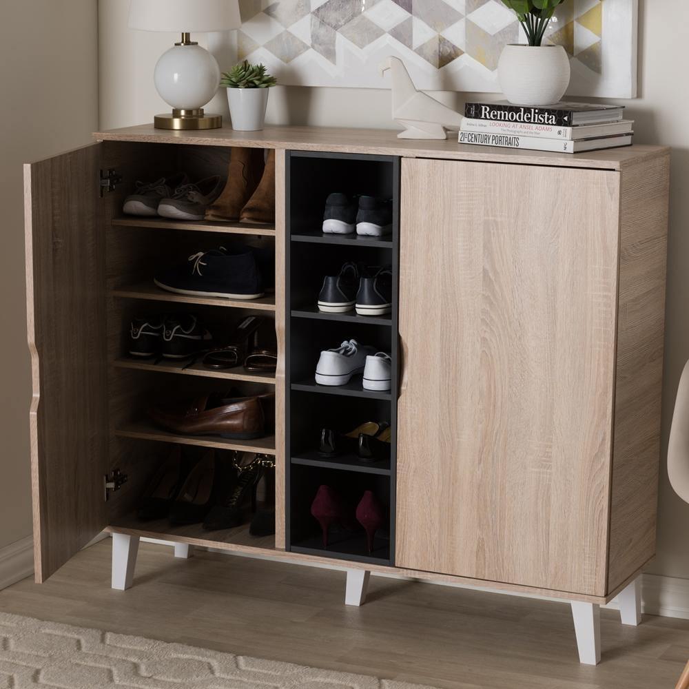 Adelina Mid-Century Modern 2-door Oak and Grey Wood Shoe Cabinet FredCo