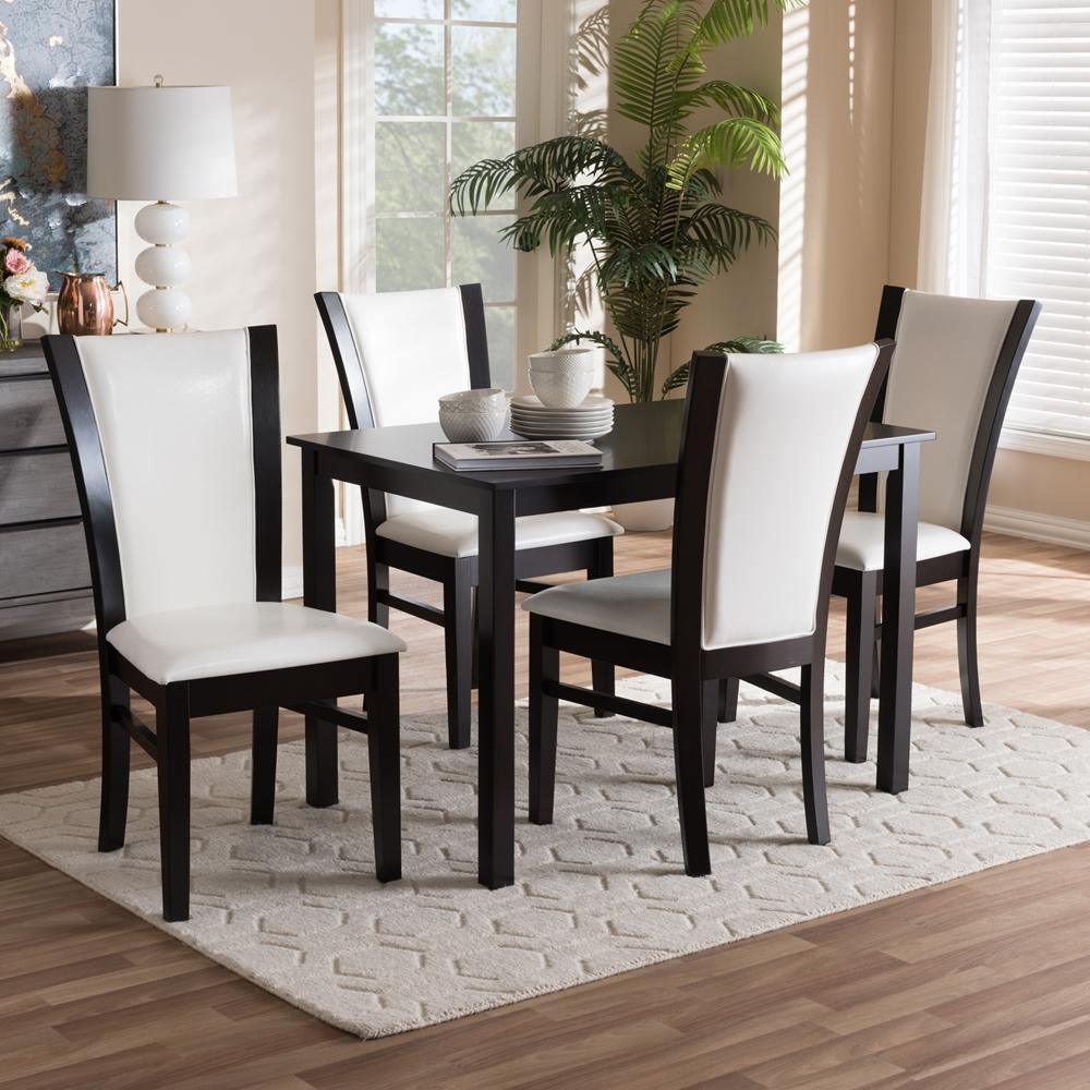 Adley Modern and Contemporary 5-Piece Dark Brown Finished White Faux Leather Dining Set FredCo