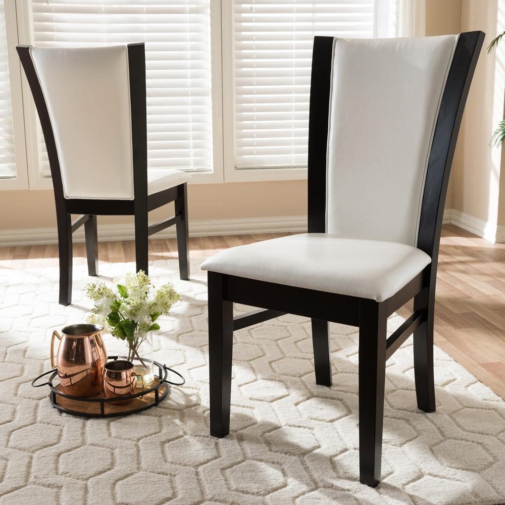Adley Modern and Contemporary Dark Brown Finished White Faux Leather Dining Chair Set of 2 FredCo