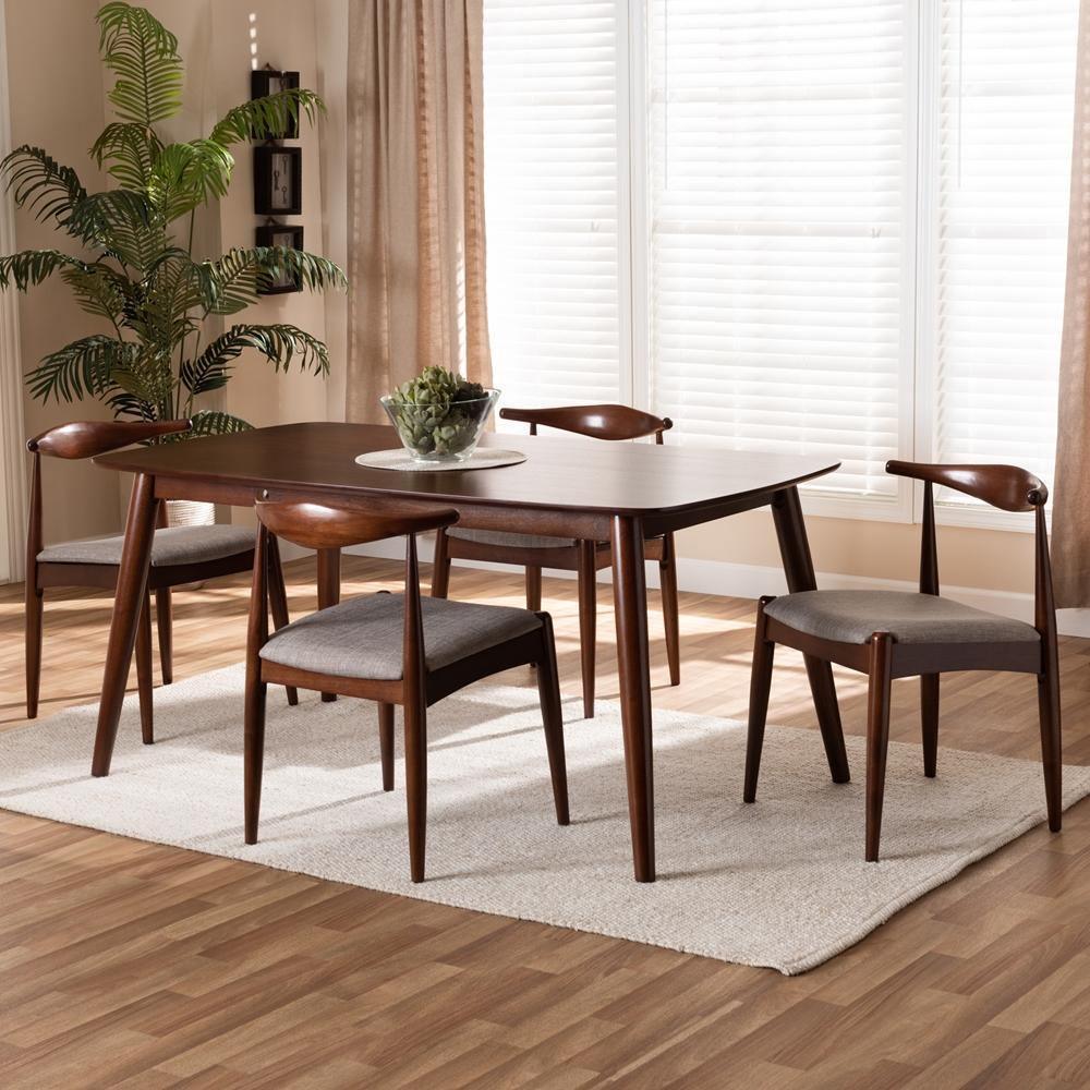 Aeron Mid-Century Modern Light Gray Fabric Upholstered Walnut Finished Wood 5-Piece Dining Set FredCo