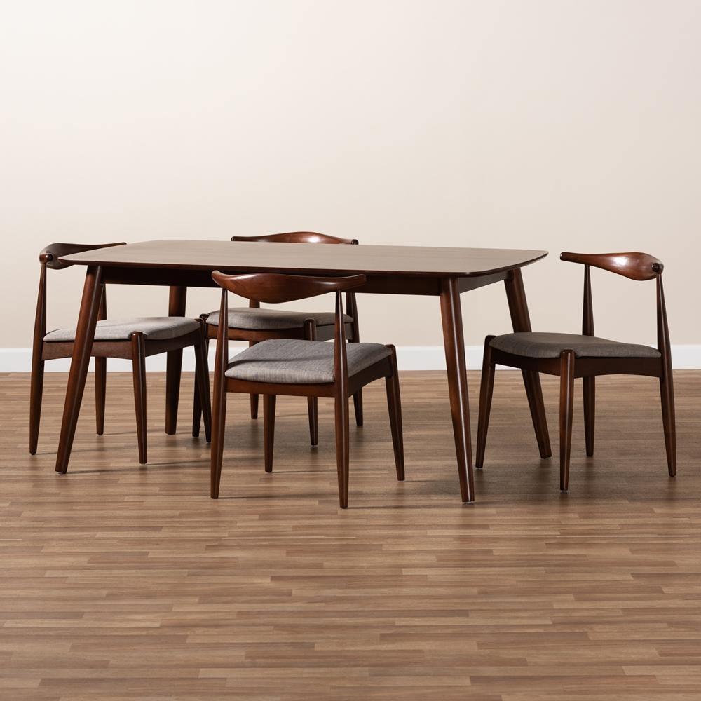 Aeron Mid-Century Modern Light Gray Fabric Upholstered Walnut Finished Wood 5-Piece Dining Set FredCo