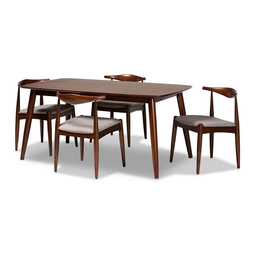 Aeron Mid-Century Modern Light Gray Fabric Upholstered Walnut Finished Wood 5-Piece Dining Set FredCo