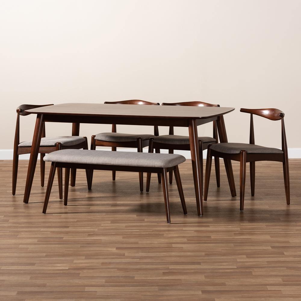 Aeron Mid-Century Modern Light Gray Fabric Upholstered Walnut Finished Wood 6-Piece Dining Set FredCo