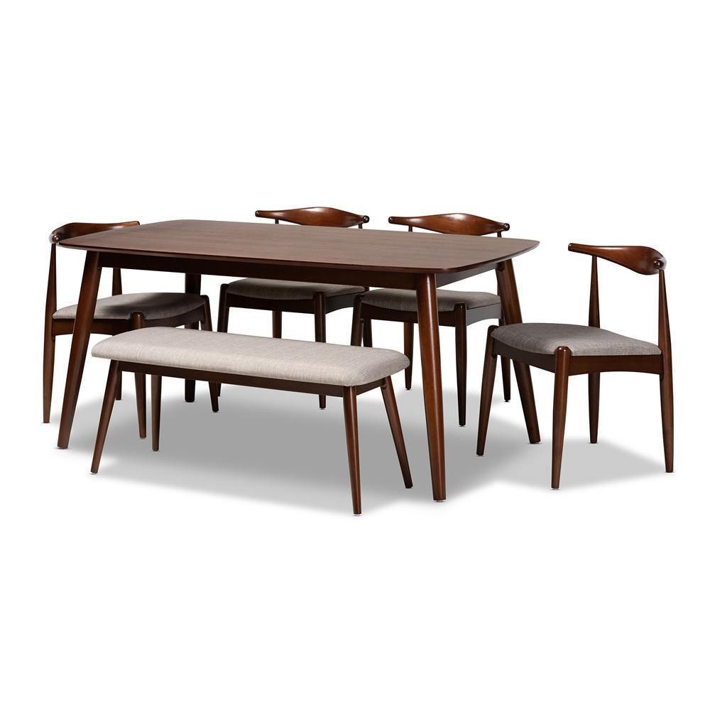 Aeron Mid-Century Modern Light Gray Fabric Upholstered Walnut Finished Wood 6-Piece Dining Set FredCo