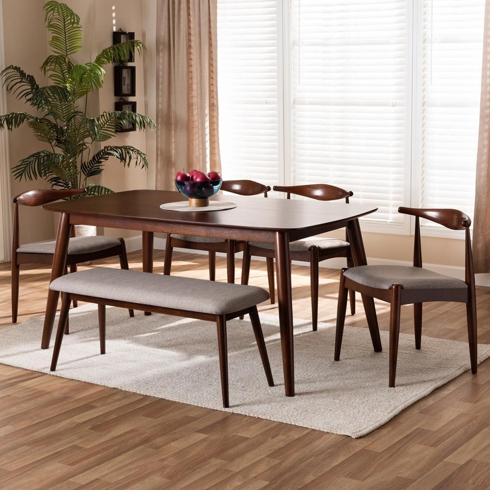 Aeron Mid-Century Modern Light Gray Fabric Upholstered Walnut Finished Wood 6-Piece Dining Set FredCo