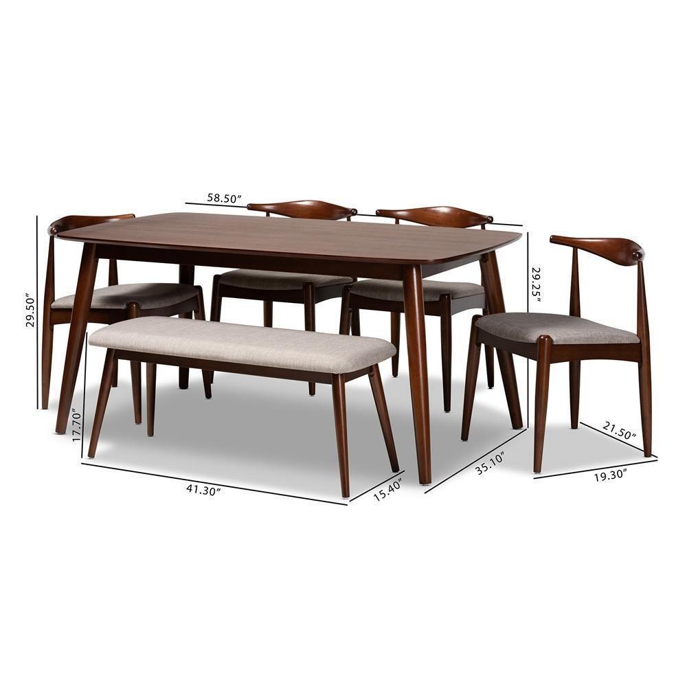 Aeron Mid-Century Modern Light Gray Fabric Upholstered Walnut Finished Wood 6-Piece Dining Set FredCo
