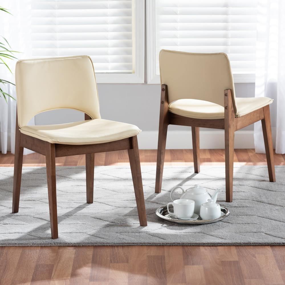 Afton Mid-Century Modern Beige Faux Leather Upholstered and Walnut Brown Finished Wood 2-Piece Dining Chair Set FredCo