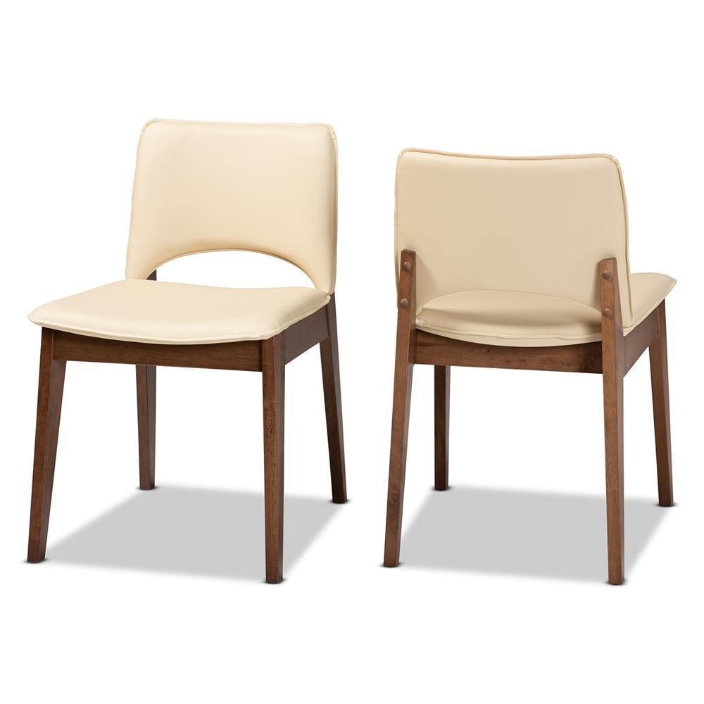 Afton Mid-Century Modern Beige Faux Leather Upholstered and Walnut Brown Finished Wood 2-Piece Dining Chair Set FredCo