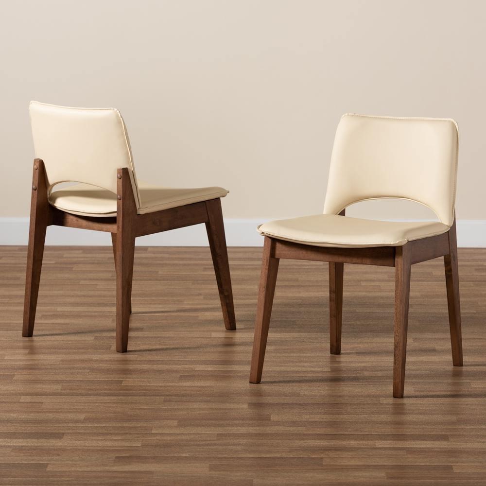 Afton Mid-Century Modern Beige Faux Leather Upholstered and Walnut Brown Finished Wood 2-Piece Dining Chair Set FredCo