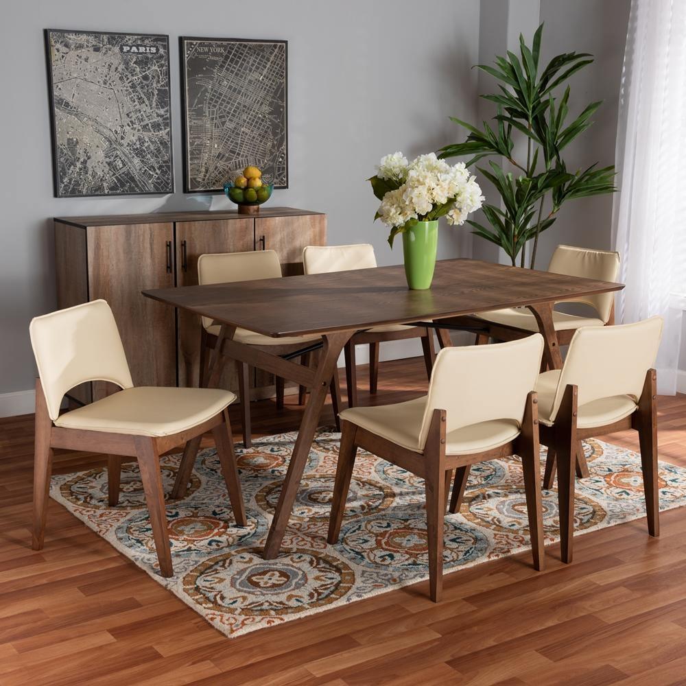 Afton Mid-Century Modern Beige Faux Leather Upholstered and Walnut Brown Finished Wood 7-Piece Dining Set FredCo