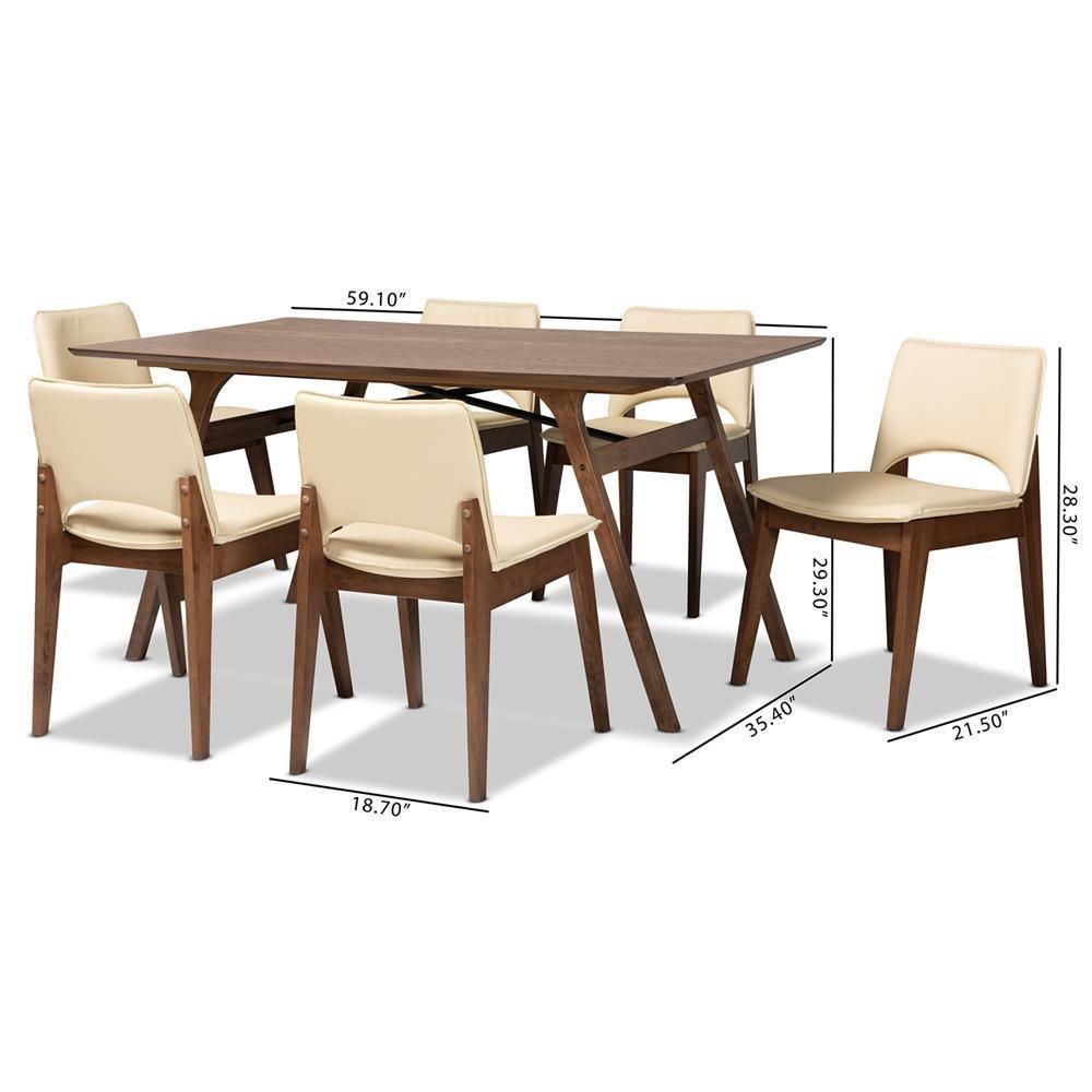 Afton Mid-Century Modern Beige Faux Leather Upholstered and Walnut Brown Finished Wood 7-Piece Dining Set FredCo