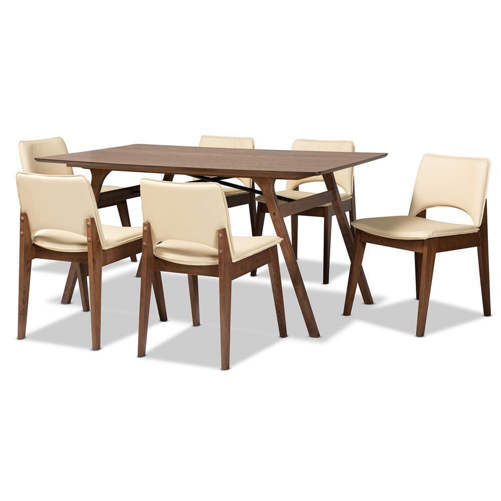Afton Mid-Century Modern Beige Faux Leather Upholstered and Walnut Brown Finished Wood 7-Piece Dining Set FredCo