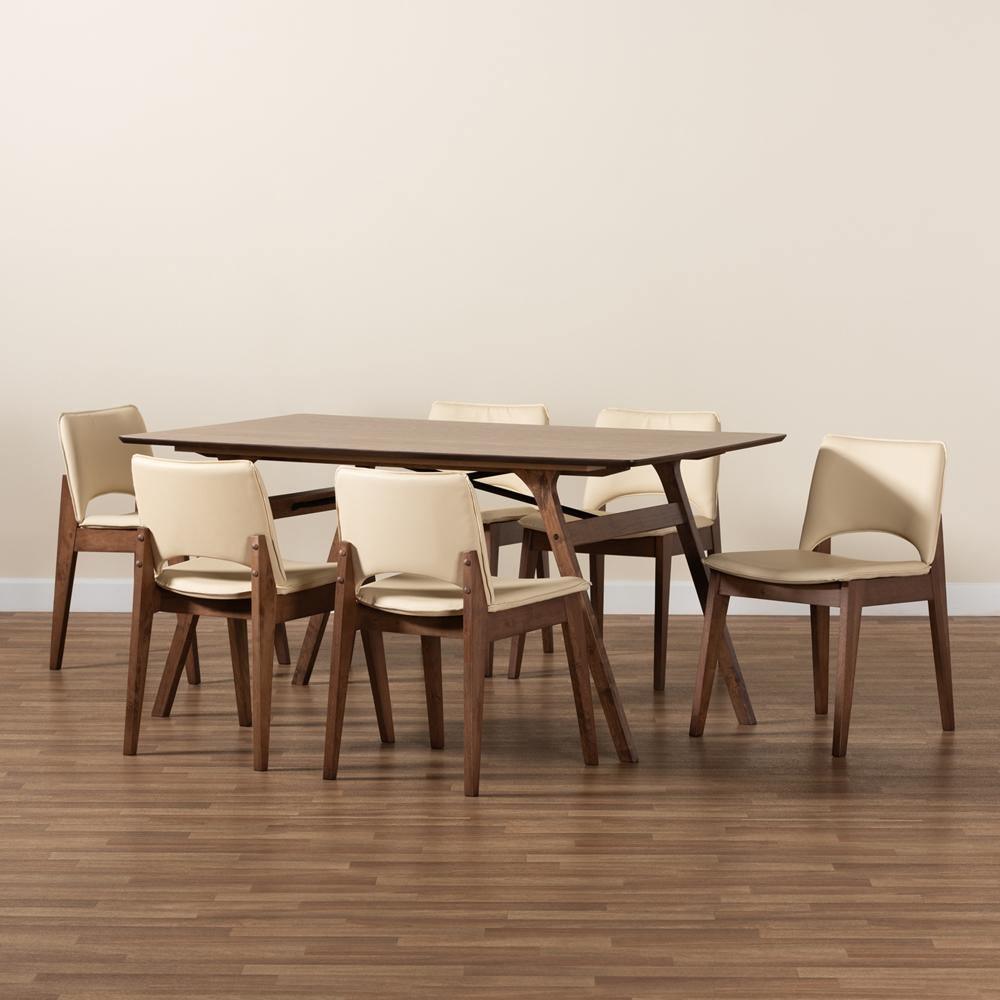 Afton Mid-Century Modern Beige Faux Leather Upholstered and Walnut Brown Finished Wood 7-Piece Dining Set FredCo