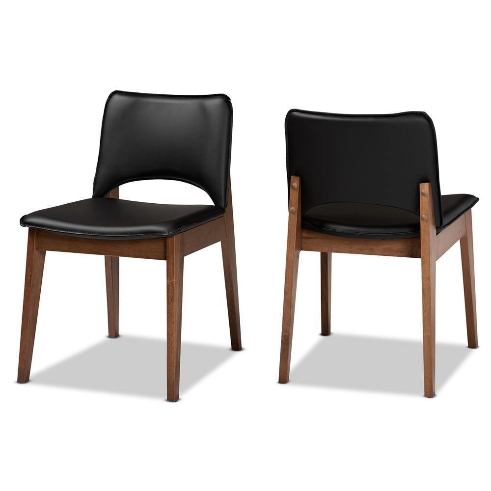 Afton Mid-Century Modern Black Faux Leather Upholstered and Walnut Brown Finished Wood 2-Piece Dining Chair Set FredCo