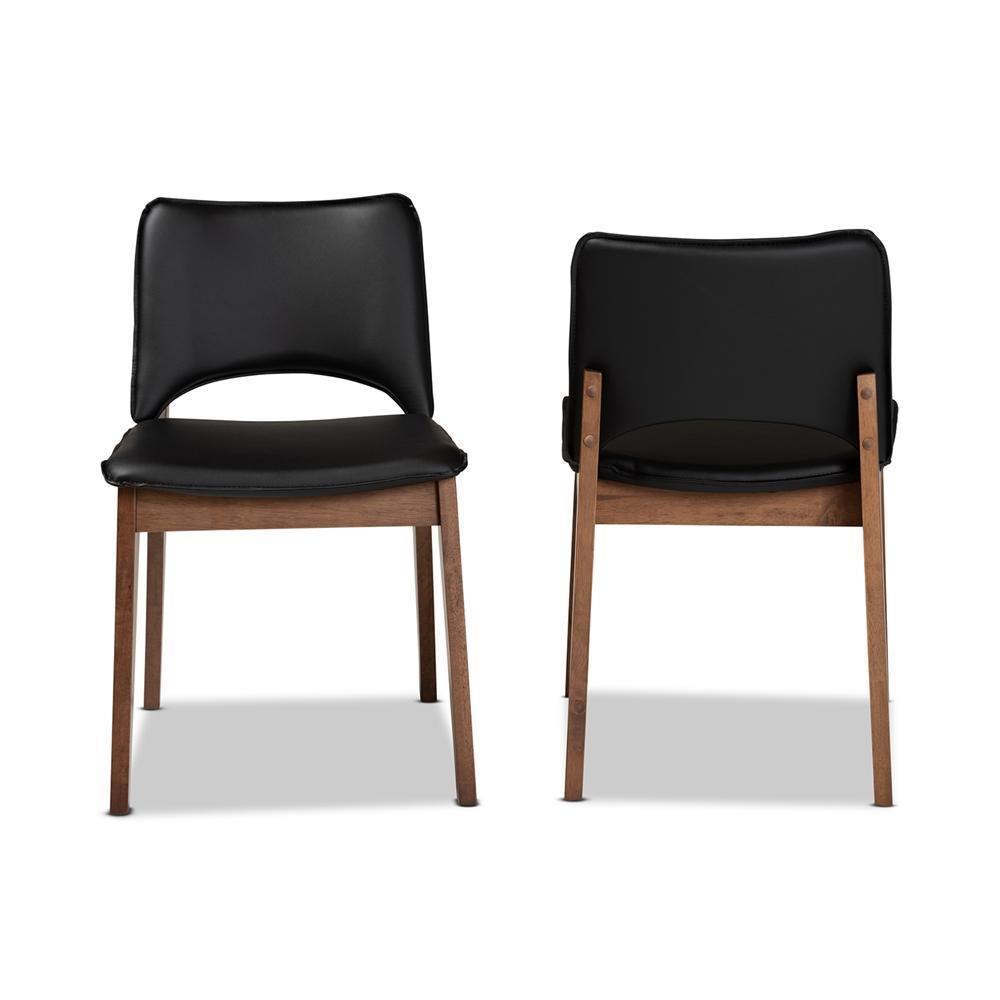 Afton Mid-Century Modern Black Faux Leather Upholstered and Walnut Brown Finished Wood 2-Piece Dining Chair Set FredCo