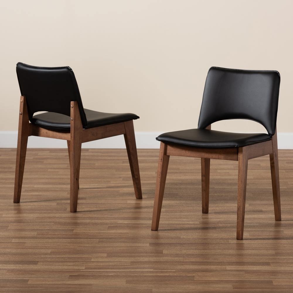 Afton Mid-Century Modern Black Faux Leather Upholstered and Walnut Brown Finished Wood 2-Piece Dining Chair Set FredCo