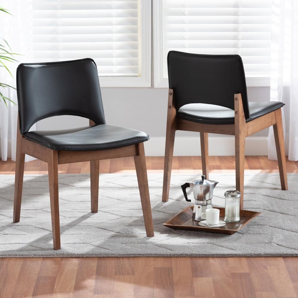 Afton Mid-Century Modern Black Faux Leather Upholstered and Walnut Brown Finished Wood 2-Piece Dining Chair Set FredCo