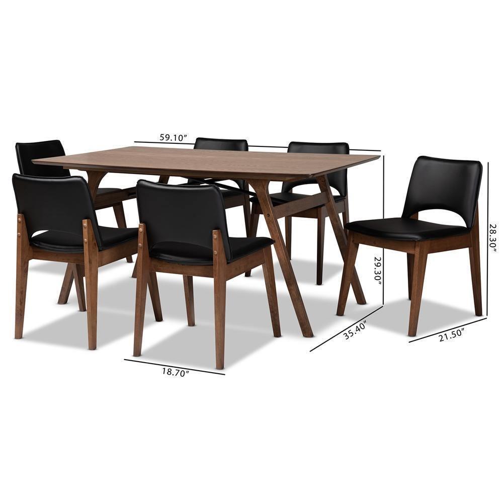 Afton Mid-Century Modern Black Faux Leather Upholstered and Walnut Brown Finished Wood 7-Piece Dining Set FredCo