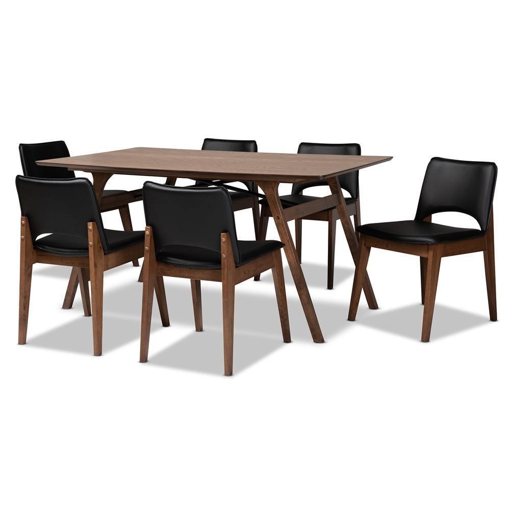 Afton Mid-Century Modern Black Faux Leather Upholstered and Walnut Brown Finished Wood 7-Piece Dining Set FredCo