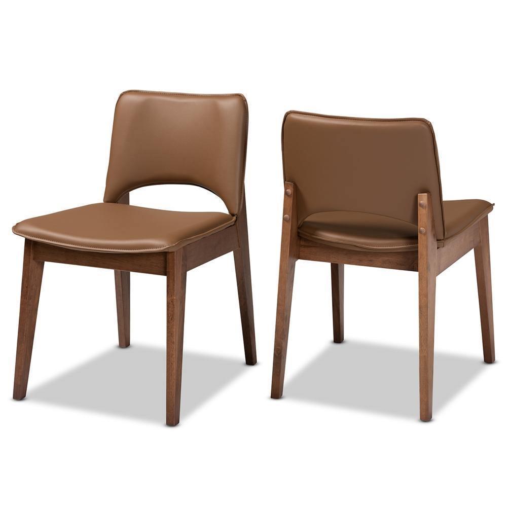 Afton Mid-Century Modern Brown Faux Leather Upholstered and Walnut Brown Finished Wood 2-Piece Dining Chair Set FredCo