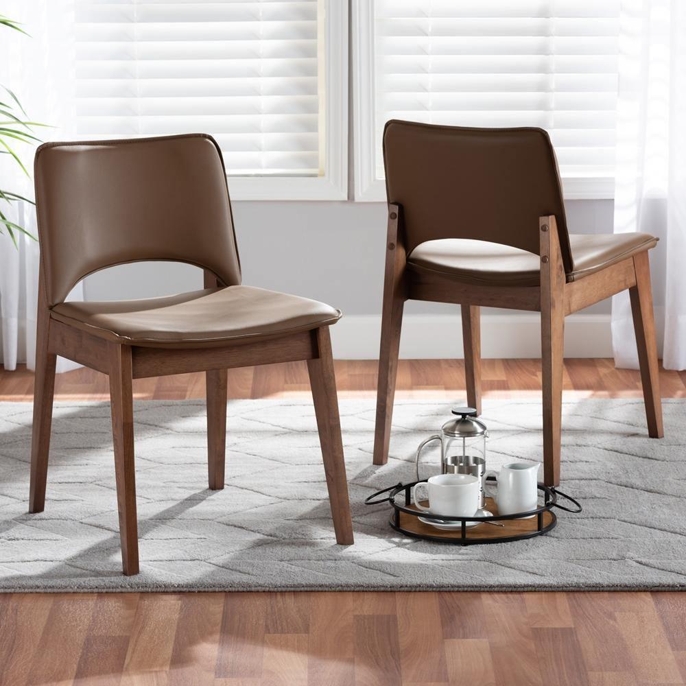 Afton Mid-Century Modern Brown Faux Leather Upholstered and Walnut Brown Finished Wood 2-Piece Dining Chair Set FredCo