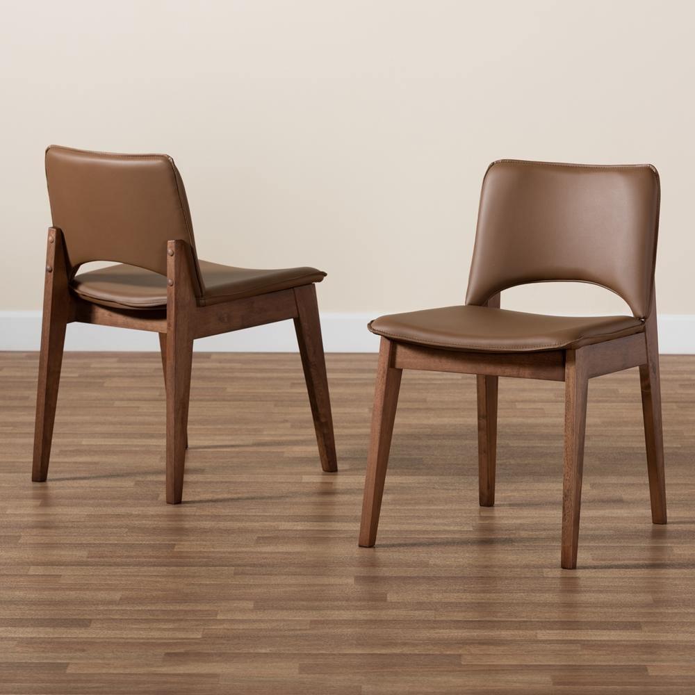 Afton Mid-Century Modern Brown Faux Leather Upholstered and Walnut Brown Finished Wood 2-Piece Dining Chair Set FredCo
