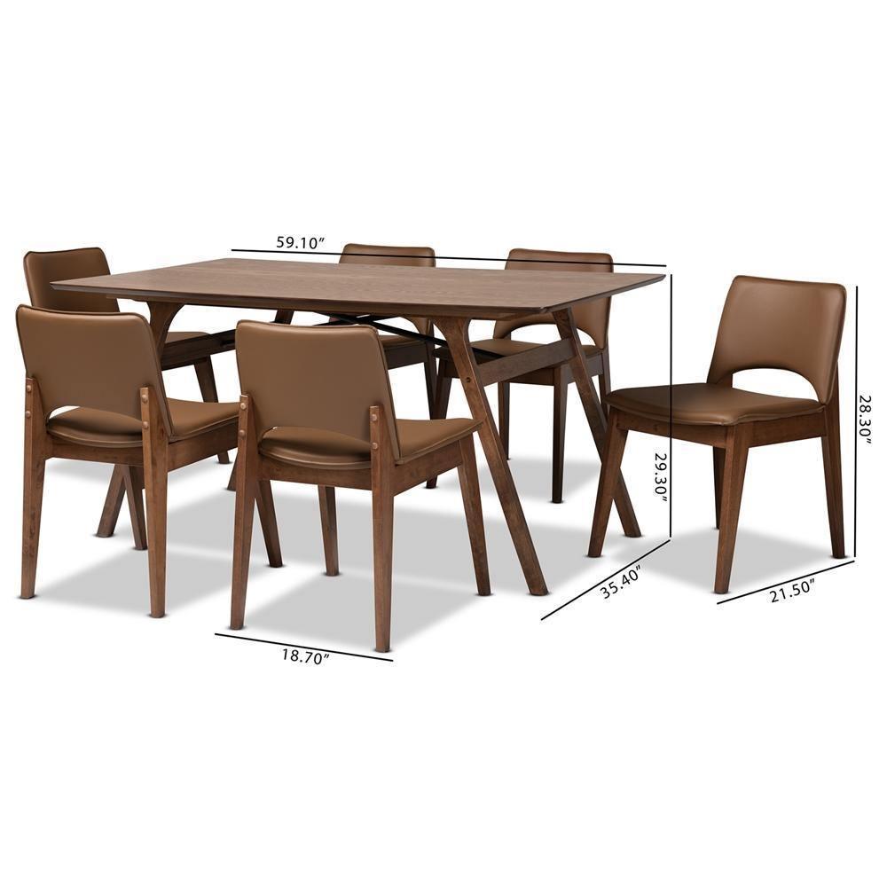 Afton Mid-Century Modern Brown Faux Leather Upholstered and Walnut Brown Finished Wood 7-Piece Dining Set FredCo