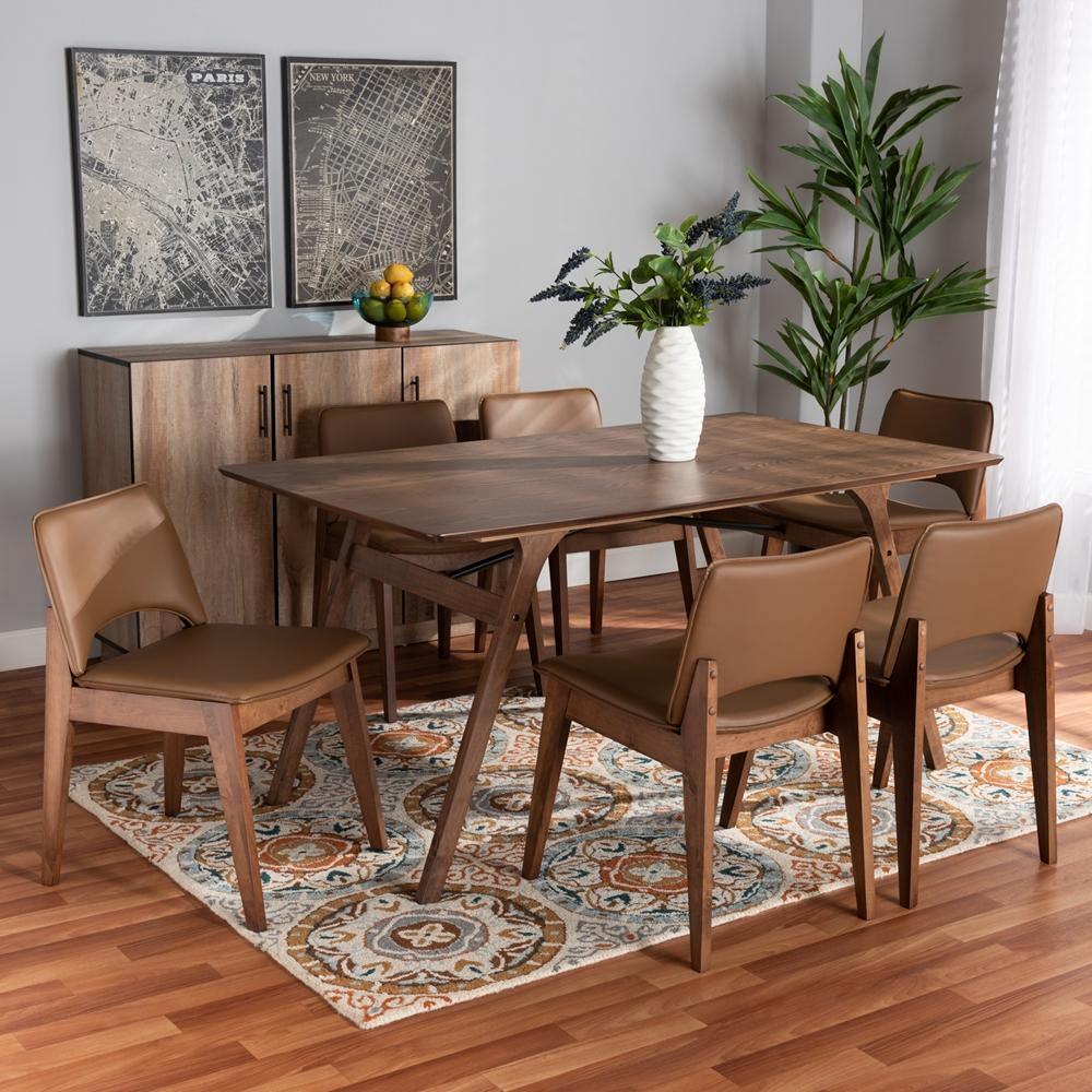 Afton Mid-Century Modern Brown Faux Leather Upholstered and Walnut Brown Finished Wood 7-Piece Dining Set FredCo