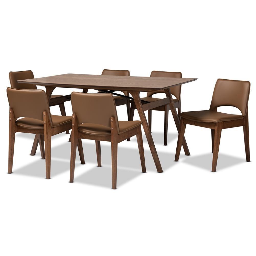 Afton Mid-Century Modern Brown Faux Leather Upholstered and Walnut Brown Finished Wood 7-Piece Dining Set FredCo