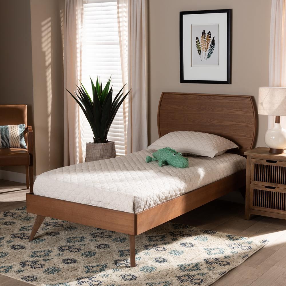 Aimi Mid-Century Modern Walnut Brown Finished Wood Twin Size Platform Bed FredCo