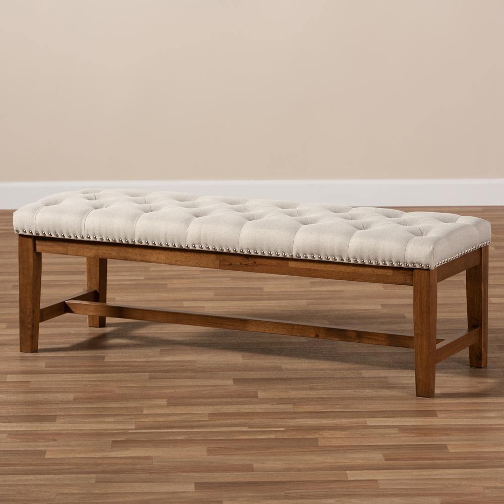 Ainsley Modern and Contemporary Light Beige Fabric Upholstered Walnut Finished Solid Rubberwood Bench FredCo