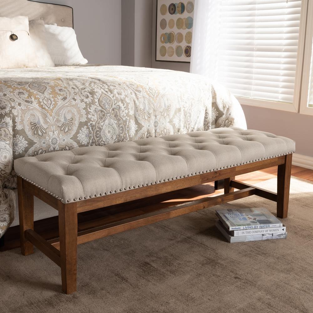 Ainsley Modern and Contemporary Light Beige Fabric Upholstered Walnut Finished Solid Rubberwood Bench FredCo