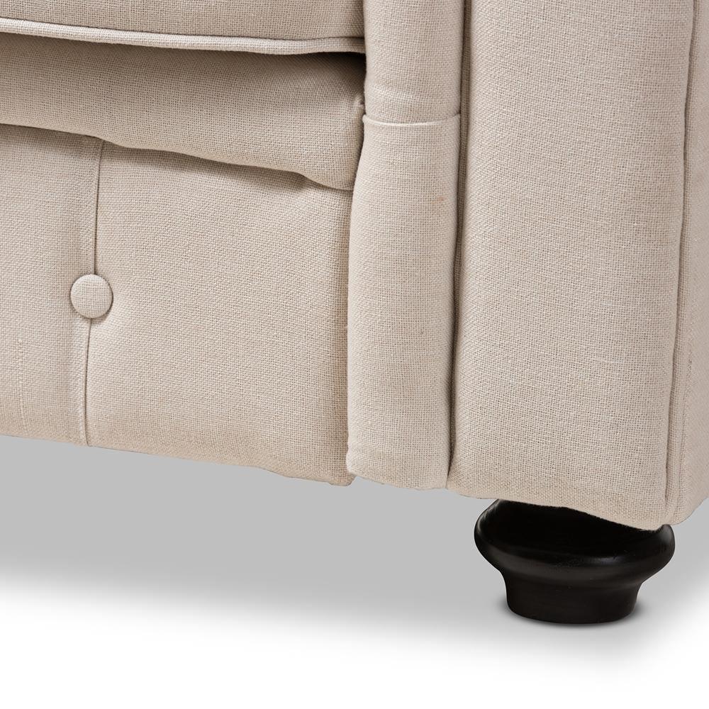 Alaise Modern Classic Beige Linen Tufted Scroll Arm Chesterfield Loveseat FredCo