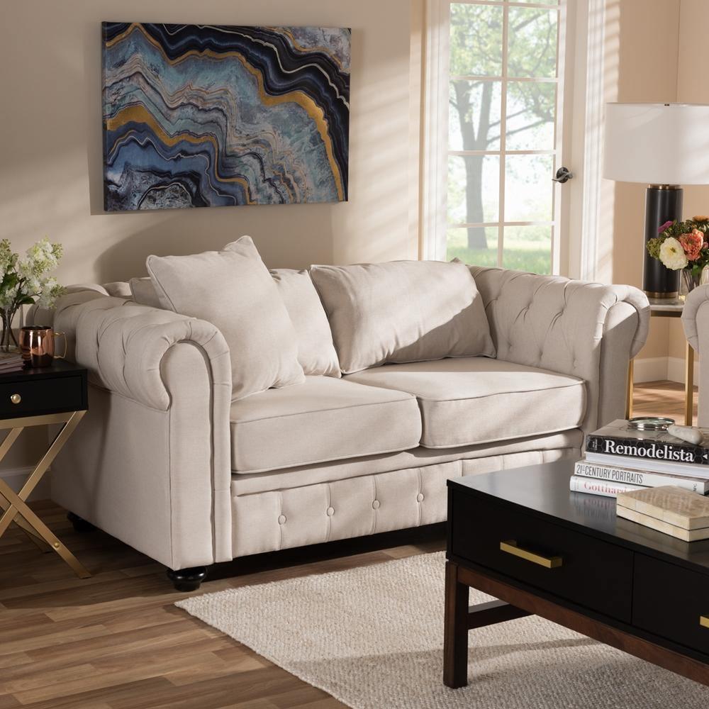 Alaise Modern Classic Beige Linen Tufted Scroll Arm Chesterfield Loveseat FredCo