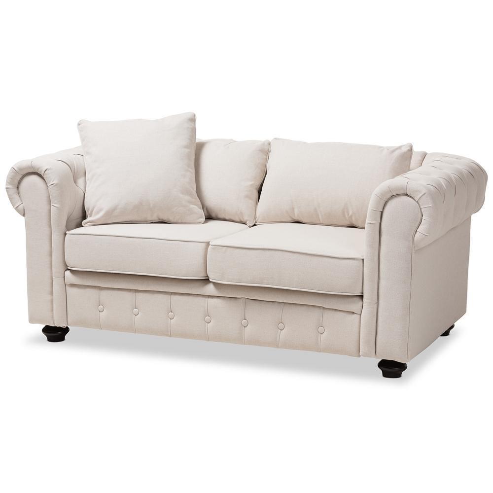 Alaise Modern Classic Beige Linen Tufted Scroll Arm Chesterfield Loveseat FredCo