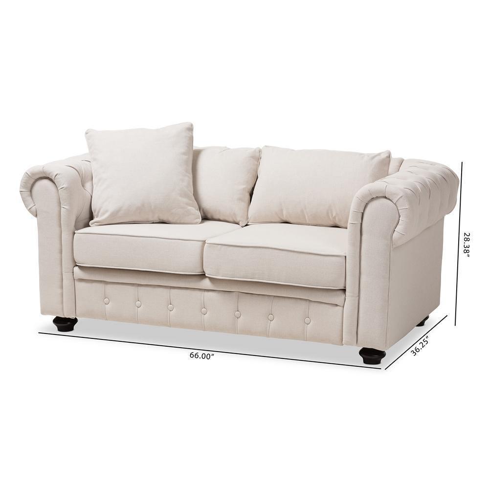 Alaise Modern Classic Beige Linen Tufted Scroll Arm Chesterfield Loveseat FredCo