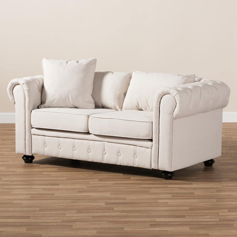 Alaise Modern Classic Beige Linen Tufted Scroll Arm Chesterfield Loveseat FredCo