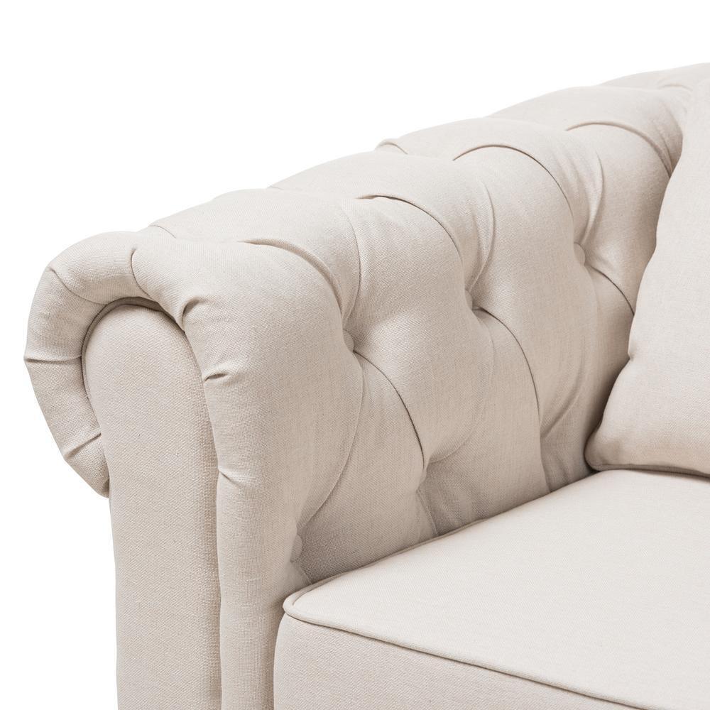 Alaise Modern Classic Beige Linen Tufted Scroll Arm Chesterfield Loveseat FredCo